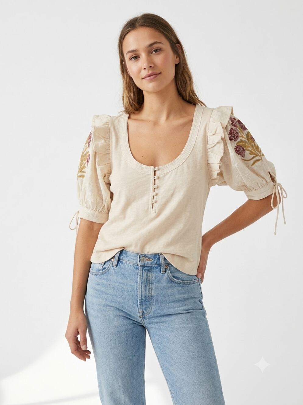 NWT By Anthropologie Embroidered Puff-Sleeve Blouse Top Womens M Cream Ruffled